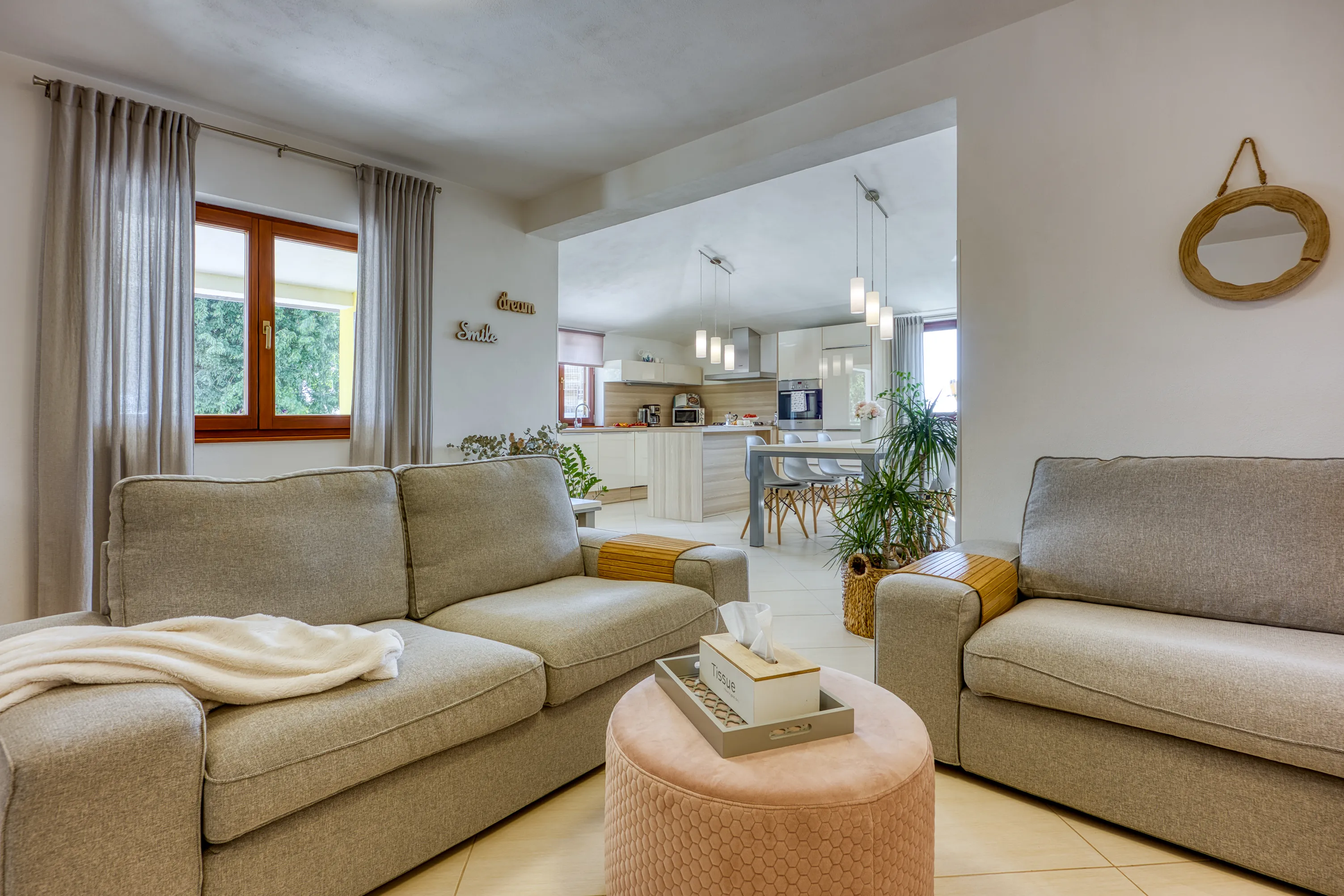 Living and dining area with natural light